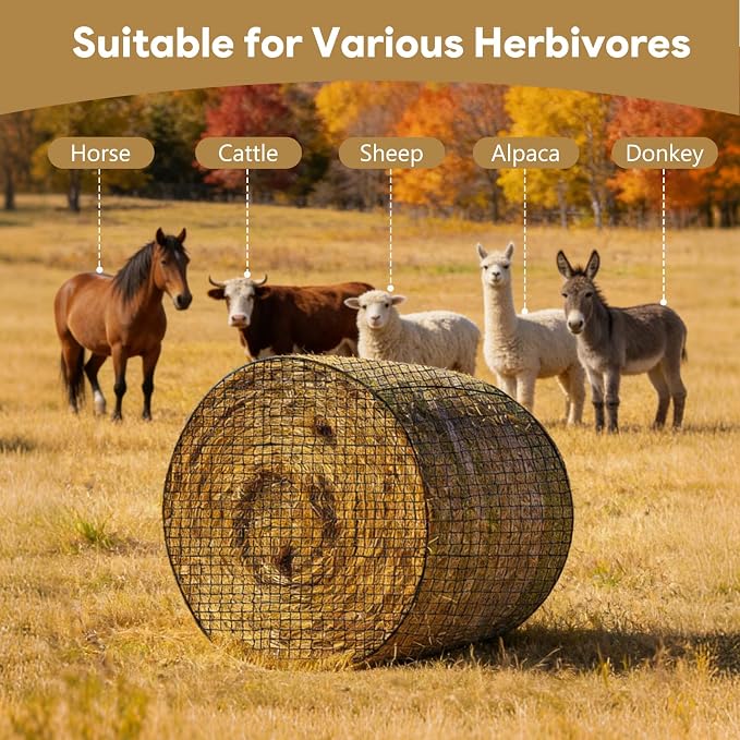 5×5 FT Round Bale Hay Net for Horses & Goats, Heavy Duty Knotless Slow Feed Hay Nets, 1.75" Mesh, Weather Resistant Round Bale Net with Repair Kit for Pasture and Barn