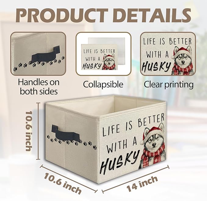 Christmas Husky Foldable Storage Bins Box with Handles, Gifts for Husky Lovers, Dog Mom Dad Lovers Gifts Collapsible Toys Books Clothes Organizer Basket for Bedroom Bathroom