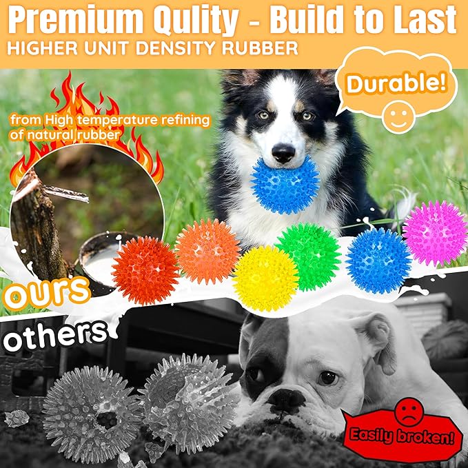 LECHONG 6-Pack 3.5” Squeaky Dog Balls, Durable Soft Spiky Chew Rubber Fetch Toy Balls for Large Medium Aggressive Chewers Teeth Cleaning Chewing Playing Training & Boredom Buster Indoors Outdoors