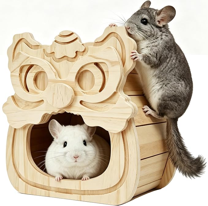 Chinchilla Hideout Wooden Hides for Guinea Pigs, Small Animal Nature Wood House Chinchilla Cage Accessories for Hamster, Squirrel, Sugar Gliders etc (Lion Shape)