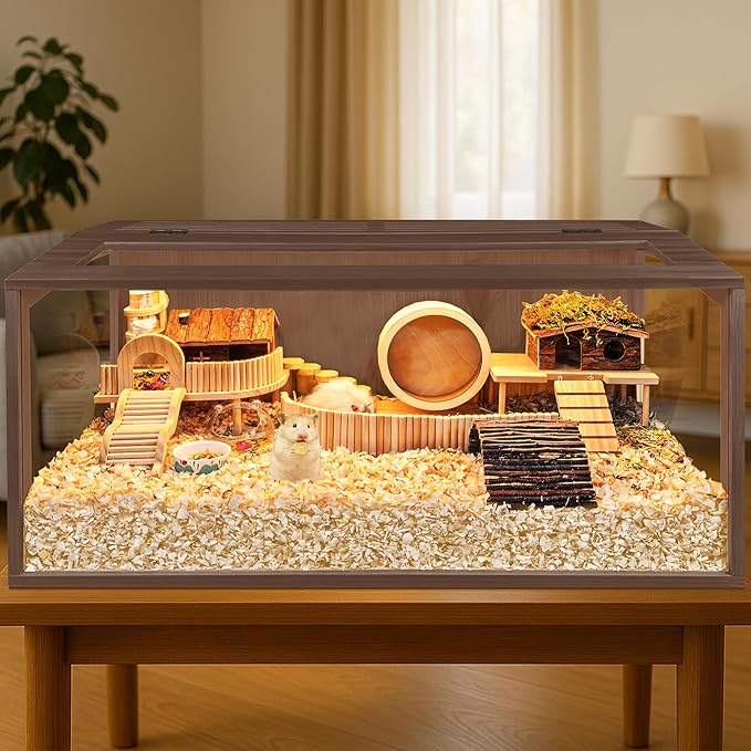 PROLEE Hamster Cage with Chewproof Wood Top, Guinea Pig Cages, Hamster Habitat with Clear Acrylic Sheets Solid Built, Small Animal Cage (Walnut, 40X19.5X19.5 inch)
