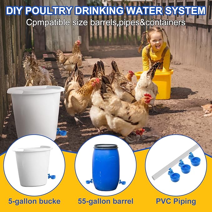 Tanlade 50 Pcs Automatic Chicken Waterer Cups Chicken Feeder for PVC Pipe Waterer Kit for Poultry Duck Goose Turkey Bunny (Blue,Classic)