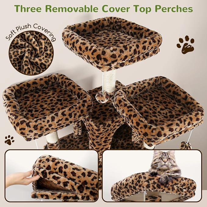 Globlazer Big Cat Tower for Indoor Cats, 80inch Cat Tower for Multiple Adult Cats XXL Cat Tree with Scratching Post, Hammock, 3 Perches, 2 Condos, 2 Hanging Basket, F80, Leopard Print