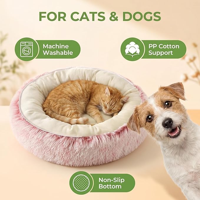 Calming Donut Dog Bed Cat Bed, Fluffy Long Fur Outer & Short Fur Inner, Sweat-Free Cozy Cuddler, Non-Slip Bottom,for Small Medium Dogs Cats Puppy Kitten (Donut Bed - Pink, Medium 19.7 Inches)