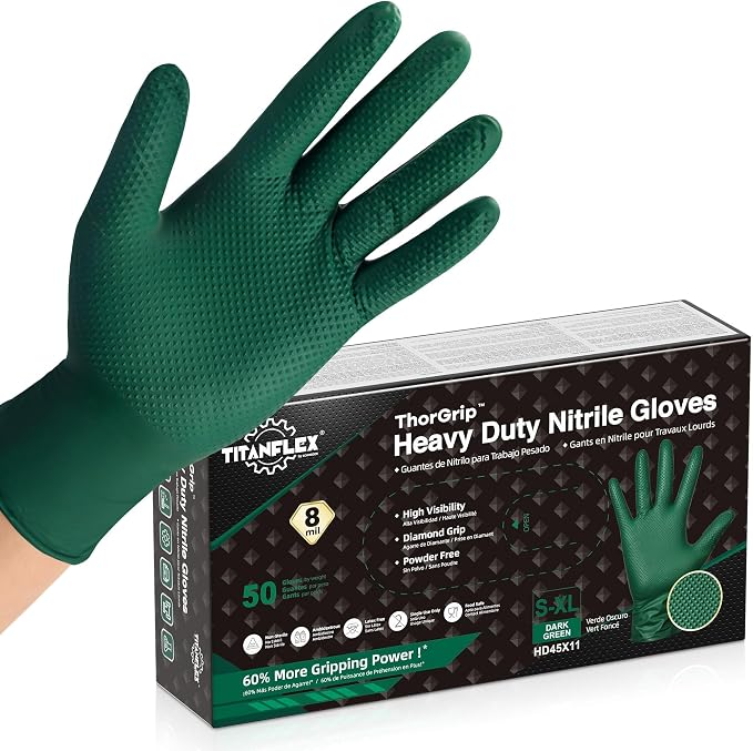 TitanFlex Heavy Duty Industrial Nitrile Gloves with Raised Diamond Texture, 8-mil, Latex Free (Green/Dark Green/Yellow)