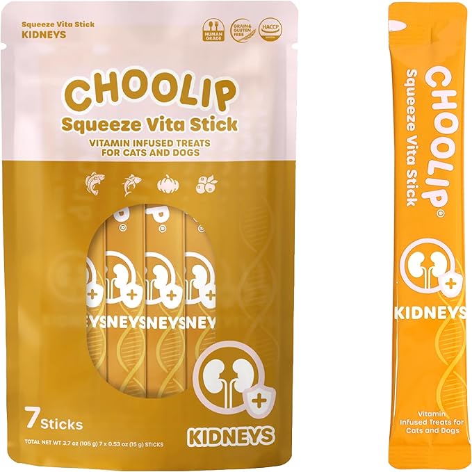 Choolip Squeeze Vita Stick Lickable Cat and Dog Treats, 7-Count Kidney Support, Tuna and Pollack with Pumpkin, Blueberry and Omega-3, Grain-Free, Vet-Formulated