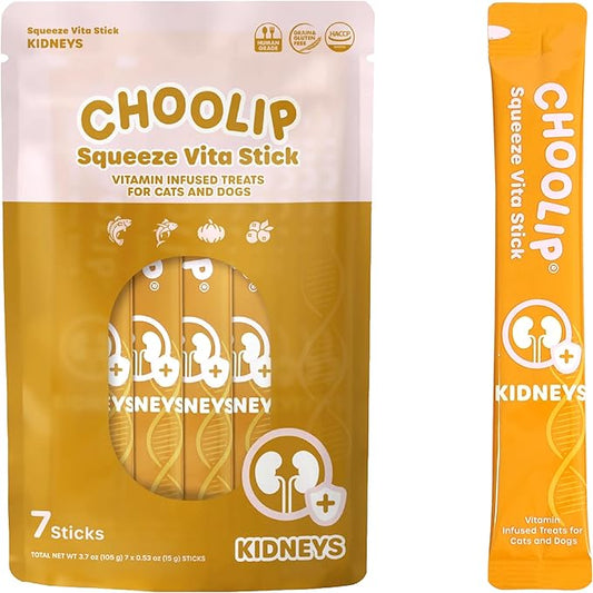 Choolip Squeeze Vita Stick Lickable Cat and Dog Treats, 7-Count Kidney Support, Tuna and Pollack with Pumpkin, Blueberry and Omega-3, Grain-Free, Vet-Formulated