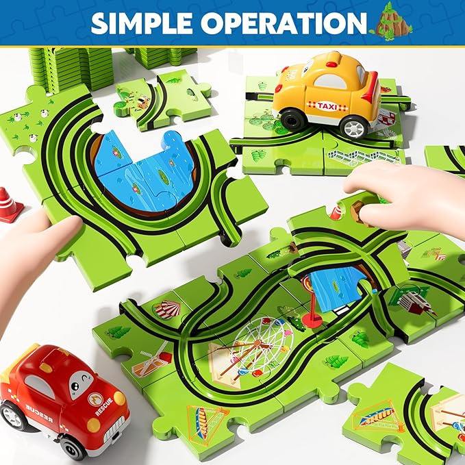 Beby Buty 64PCS Puzzle Track Car Set Toys for Kids Boys, Toddler Toys Gifts for 3 4 5 Year Old, Floor Puzzle Tracks Car for Boys Ages 3-5 4-6, for 3 4 5 6 Year Old