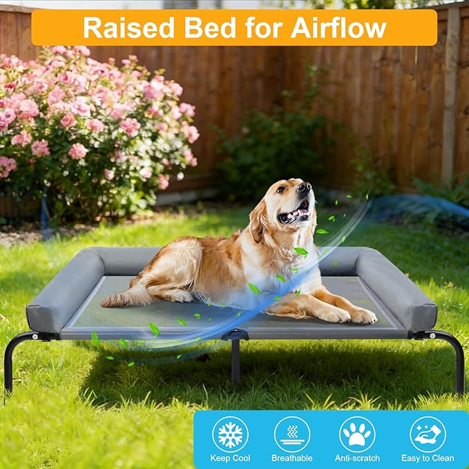 48'' Cooling Elevated Dog Bed with Pillow,Outdoor Indoor Raised Dogs Bed with Six Support Feet,Breathable Dog Cot Beds Teslin Medium Large Size Dogs,Dog Hammock Bed,Outside Pet Bed with 4 Ice Pack(L)