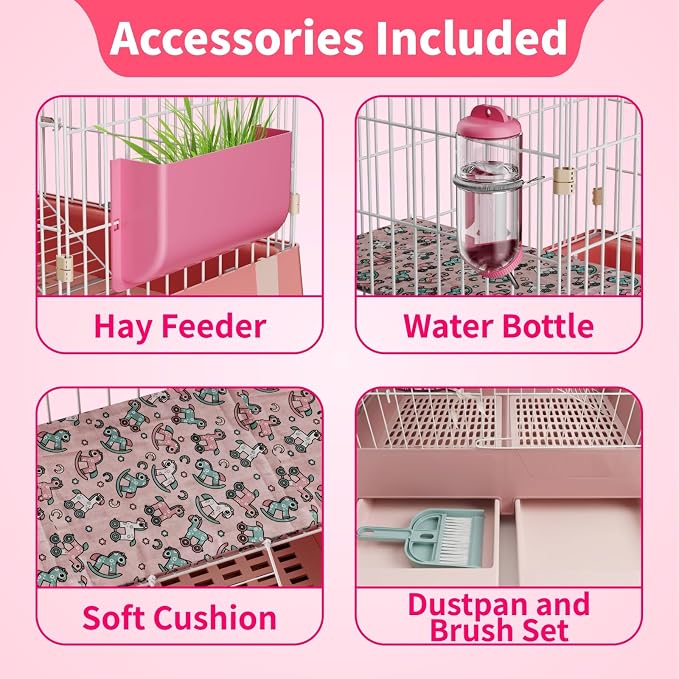 STILLCOVE 2-Tier Rabbit Cage: Small Animal Pets Enclosure with Water Bottle | Hay Feeder, Liner, Dustpan & Brush Set, Guinea Pig Hamster Bunny Hutch, Small Pet Habitat for Ferret Chinchilla Rodent Indoor