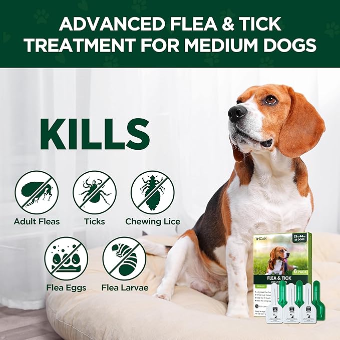 Flea and Tick Prevention for Medium Dogs, 6 Doses Treatment Helps Control Fleas, Ticks and Chewing Lice for Dogs 23-44 lbs, Waterproof, Fast Acting