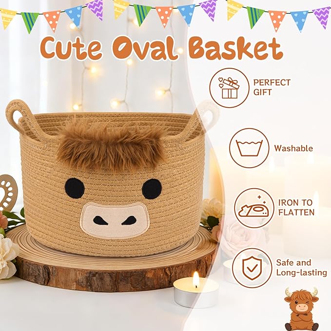 Oval Highland Cute Cow Basket for Nursery, Large Woven Gift Basket, Shelves Rope Cotton Storage Bins for Gifts Empty, Baby Shower Blanket with Handles,Towel Burr Decorative, 13"D x 8"H in