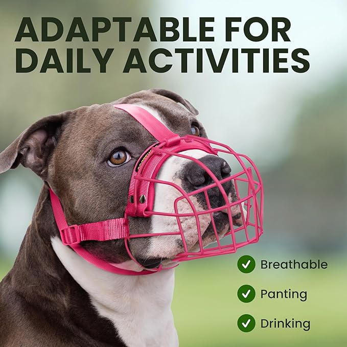 BRONZEDOG Pitbull Dog Muzzle Breathable Metal Basket for Large Dogs Amstaff Staffordshire Terrier Biting Chewing Barking (Nylon, Pink)