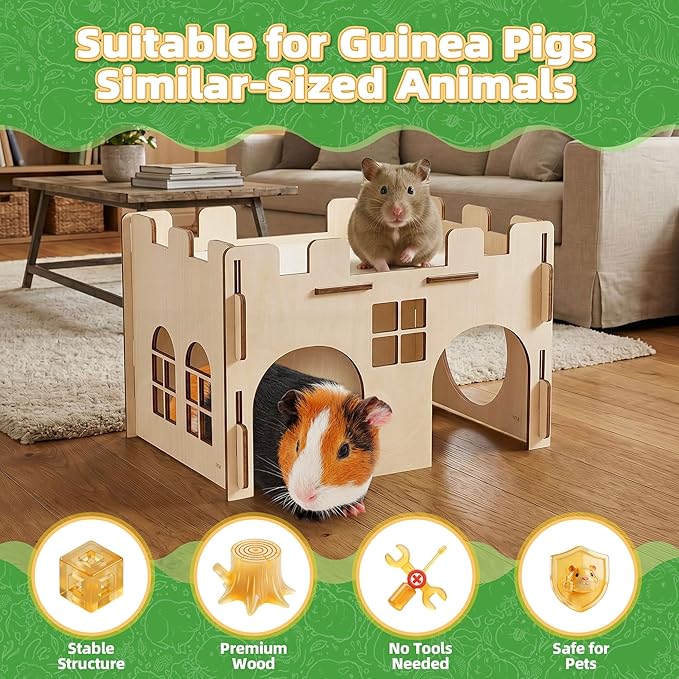 HIIMALEX Sturdy Guinea Pig Hideout Wooden Castle for Guinea Pig Chinchilla Hedgehog Gerbil Hamster Rat House Habitat for Playing and Hiding (GPT26)