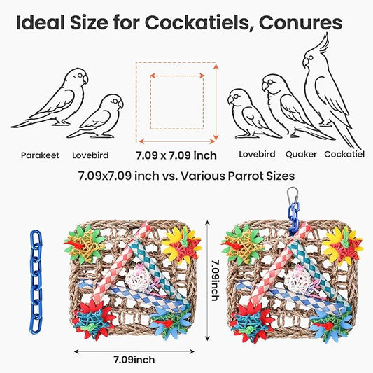 Cockatiel Toys, Extra Large Natural Seagrass Shredding Mat, Rattan & Wood Finger Traps Bird Toy for Parakeets, Budgies, Conures, Lovebirds - Parrot Enrichment Activity Center for Boredom Relief