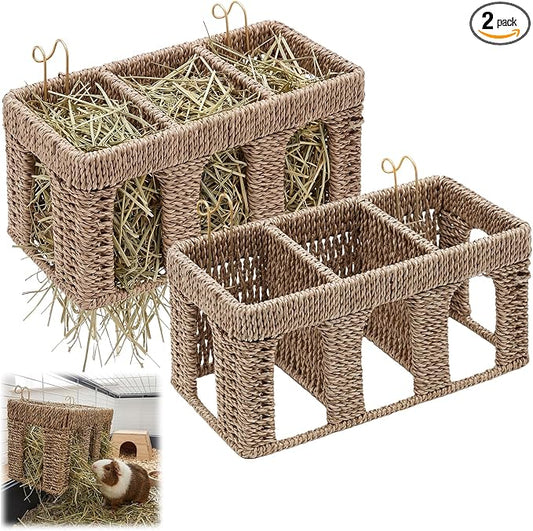 Sliner 2 Pcs Natural Seagrass Guinea Pig Hay Feeder, Five Arch Rabbit Hay Rack Holder with Metal Hanging Hook, Less Waste for Bunny Chinchillas, Small Animal Cage Accessories, Pet Gifts