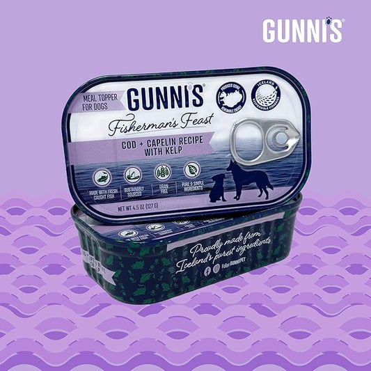 Gunnis Pet Fisherman’s Feast Dog Food Topper – Cod & Capelin with Kelp – Gently Cooked, Wild-Caught in Iceland – Grain-Free, Natural Topper for Dogs – 4.5 oz Tins, Pack of 6