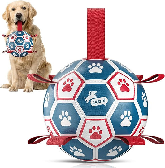 QDAN Dog Toys Soccer Ball with Straps：Durable Balls for Large Dogs, Outdoor Dog Toys, Puppy Birthday Gifts (8 Inch)