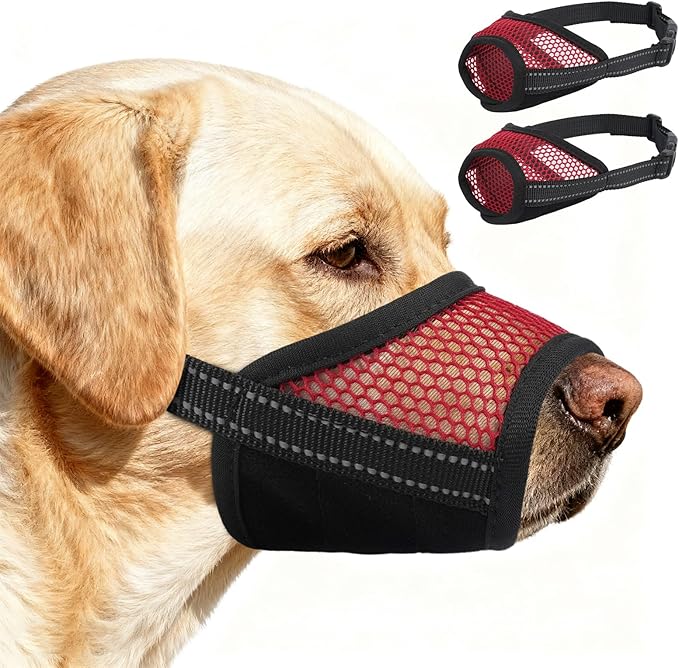 2 Pack Dog Muzzle,Mesh Soft Muzzle for Small Medium Large Sized Dog, Anti Barking Biting, Breathable Adjustable Drinkable，Mouth Cover for Grooming Training（Red, XL