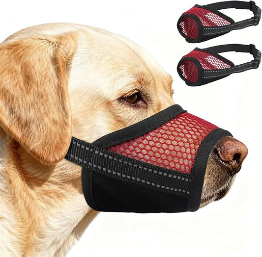 2 Pack Dog Muzzle,Mesh Soft Muzzle for Small Medium Large Sized Dog, Anti Barking Biting, Breathable Adjustable Drinkable，Mouth Cover for Grooming Training（Red, XL