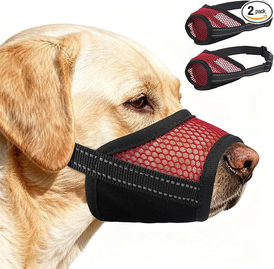 2 Pack Dog Muzzle,Mesh Soft Muzzle for Small Medium Large Sized Dog, Anti Barking Biting, Breathable Adjustable Drinkable，Mouth Cover for Grooming Training（Red, S
