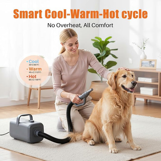 NEWBULIG Dog Hair Dryer, 1550W High Velocity Pet Blow Dryer with Heater for Grooming, Speed Temperature Adjustable Dog Blower Grooming with 4 Nozzles, Grey