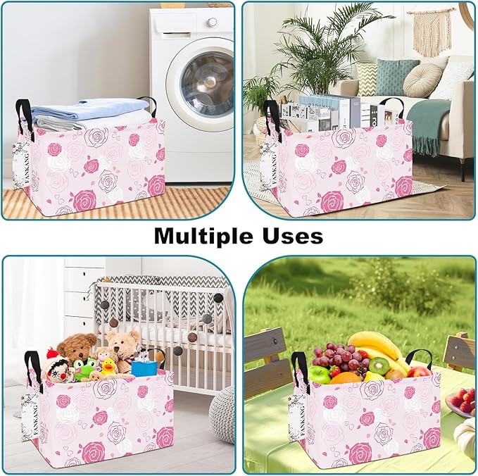 Storage Bins, Nursery Hamper Canvas Laundry Basket Foldable with Waterproof PE Coating Large Storage Baskets for Kids Boys and Girls, Office, Bedroom, Clothes,Toys(Rec-Pink roses ）