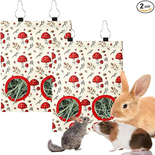 JarThenaAMCS 2 Pcs Rabbit Hay Feeder Bag with 2 Holes Mushroom Guinea Pig Hanging Hay Feeding Bag Red Storage Dispenser for Chinchilla Hamster Bunny Small Animal Pet, 11.5 x 9 Inch