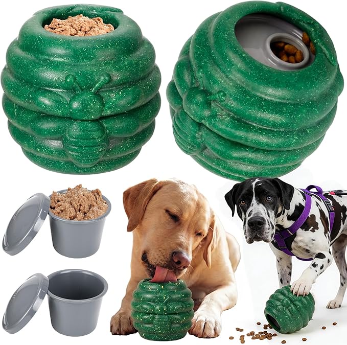 Gemscream 1 Pack Large Dog Toys for Aggressive Chewers, Dog Treat Dispensing Toy to Keep Them Busy, 2-in-1 Fillable Holder with 2 Cups and Food-Dispensing Lids for Large Medium (Green)