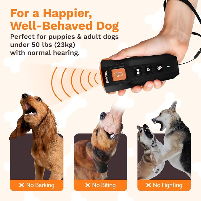 Ultrasonic Dog Bark Deterrent – Rechargeable Anti Bark Device with Dual Frequency & LED Flashlight – Handheld Trainer for Indoor and Outdoor Use (Black)