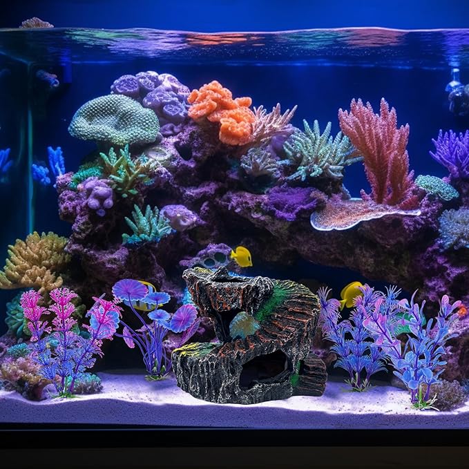 Aquarium Fish Tank Decorations, Montain Ornaments Accessories Decor for Small Aquarium, Spiral Staircase x 1pc, Aquatic Plants x 4pcs