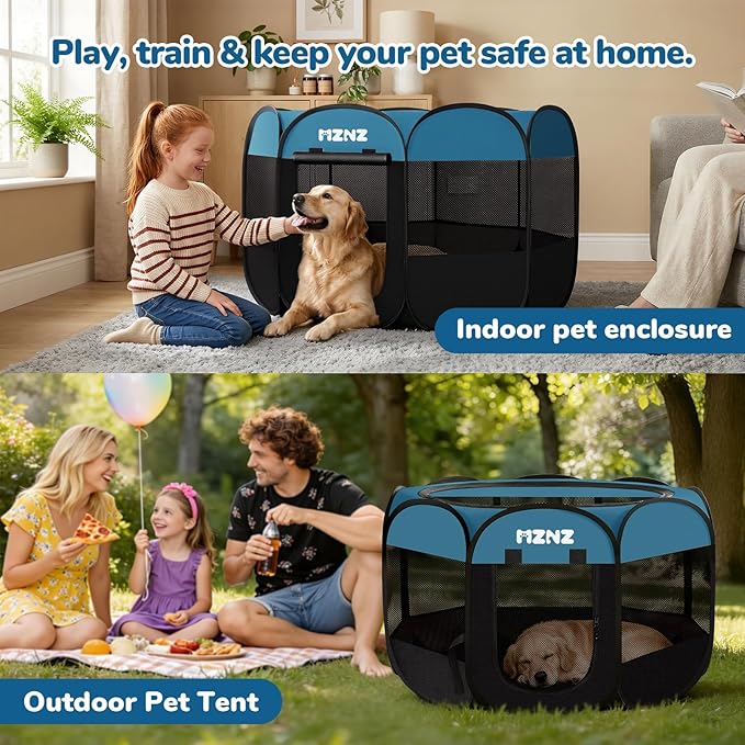 Dog Playpen, Portable Puppy Pet Crate Indoors for Small/Medium/Large Dogs Cats Rabbits, Foldable Dog Cage Enclosure for Outdoor, Pop Up Dogs Tent Kennel with Carrying Case, Blue Black