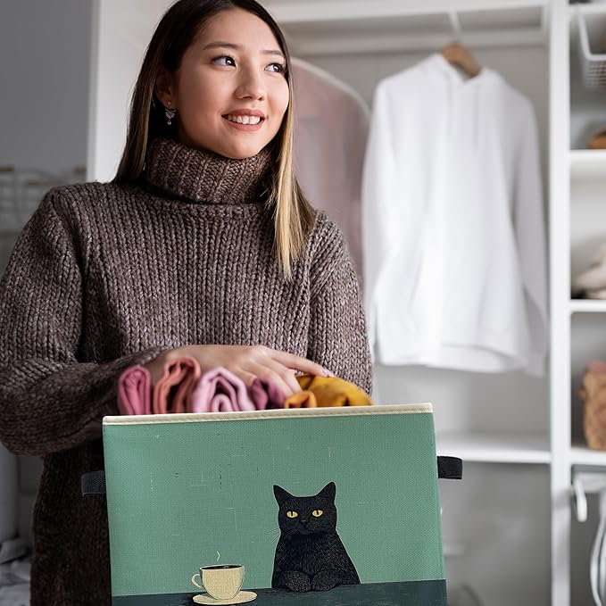 Funny Black Cat Drink Coffee Storage Bin Box, Cat Lover Mom Lady Grandma Gifts Collapsible Storage Basket Organizer for Bedroom Bathroom Home Clothes Toys Books, Toybox for Girls