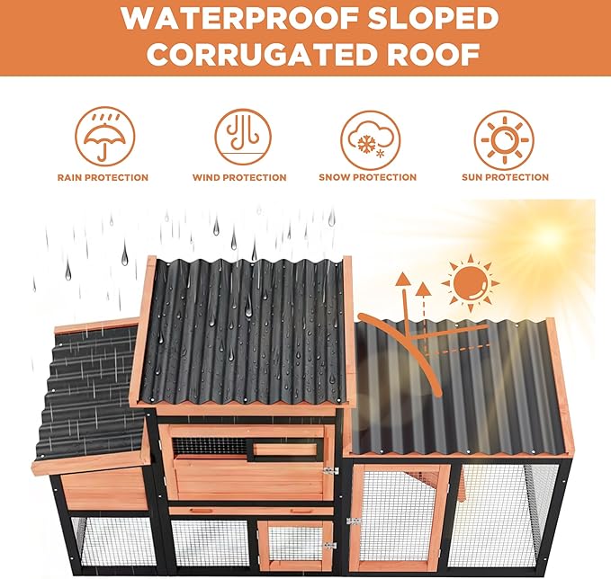 Outdoor Duck Coop with Run, Weatherproof Poultry Cage for 2-4 Chickens, Hen House with Nesting Boxes and Removable Tray for Easy Cleaning, Rabbit Cage Bunny Hutch in Orange with Black