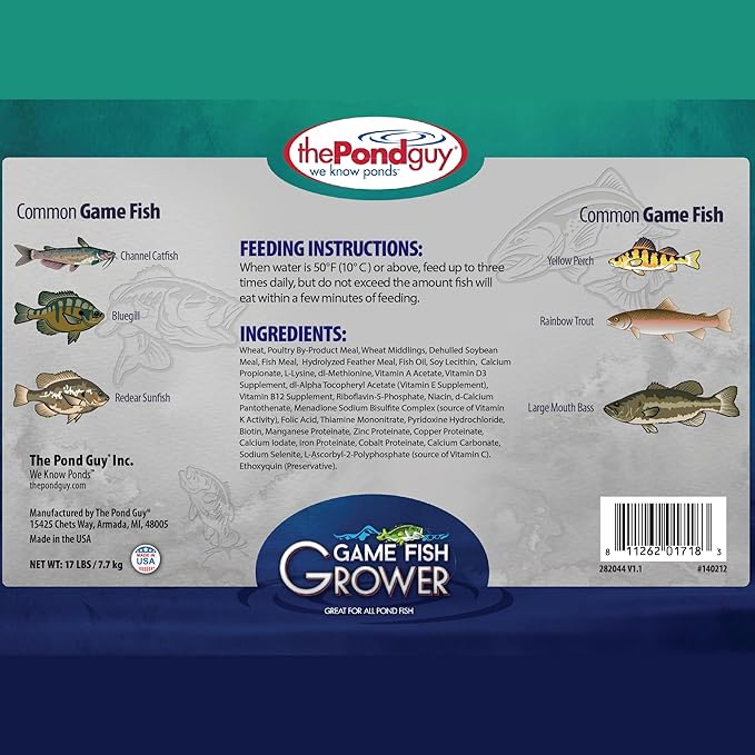 The Pond Guy Game Fish Grower Floating Pellet Food, Complete Aquatic Nutrition for Bass, Trout, & Catfish in Freshwater Ponds & Lakes, 17 lbs