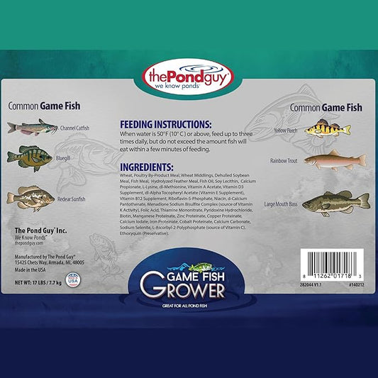 The Pond Guy Game Fish Grower Floating Pellet Food, Complete Aquatic Nutrition for Bass, Trout, & Catfish in Freshwater Ponds & Lakes, 17 lbs