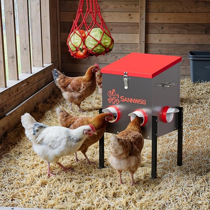 Chicken Feeders,30 lb Capacity 6 Port Automatic Chicken Feeder, Metal Chick Feeder with Locking Lid and Legs, Chicken Feeder for Chickens, Ducks, Geese