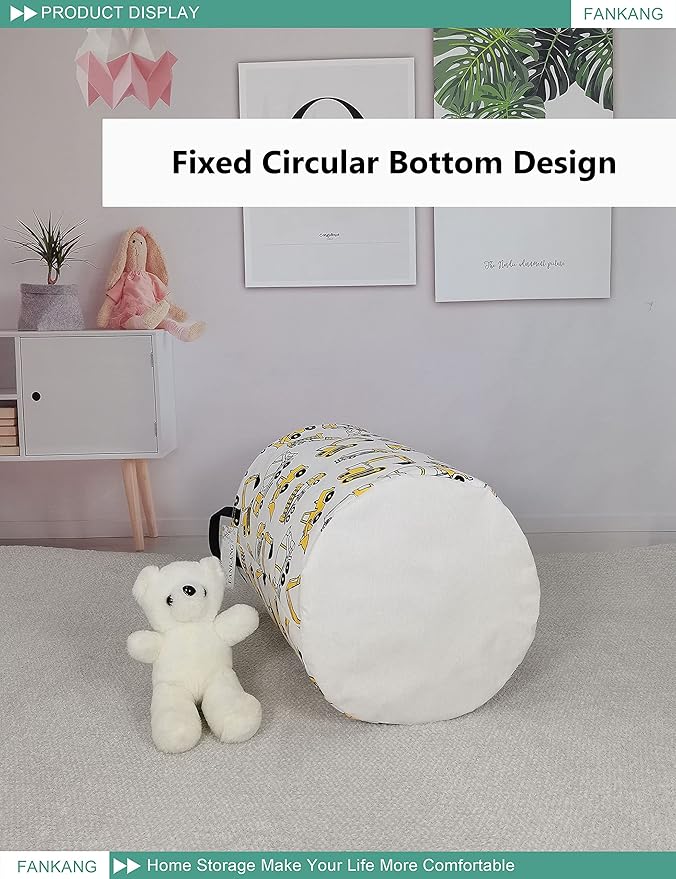 Storage Basket, Nursery Hamper Canvas Laundry Basket Foldable with Waterproof PE Coating Large Storage Baskets for Kids Boys and Girls, Office, Bedroom, Clothes,Toys（excavator）