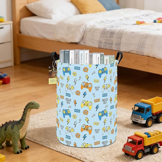 Collapsible Fabric Storage Basket, Waterproof Laundry Hamper with Handles, Round Storage Bin for Clothes Toys, Foldable Organizer for Bedroom Nursery Bathroom(Round-Color Game)