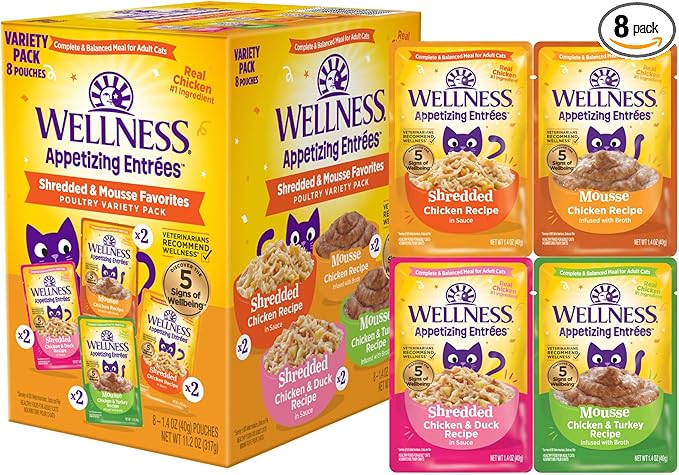Wellness Appetizing Entrées Shredded and Mousse Variety Pack Adult Wet Cat Food, Natural, Protein Rich, Grain Free, Poultry Recipes, 1.4 oz, Pack of 8 Pouches
