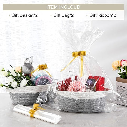 2 Pack Small Woven Basket with Gift Bags and Ribbons, Empty Decorative Gift Chest Box, Cute Baby Gift Basket for Nursery, Cotton Rope Room Shelf Storage Basket with Handles, All 12"x 8"x 5", Gray