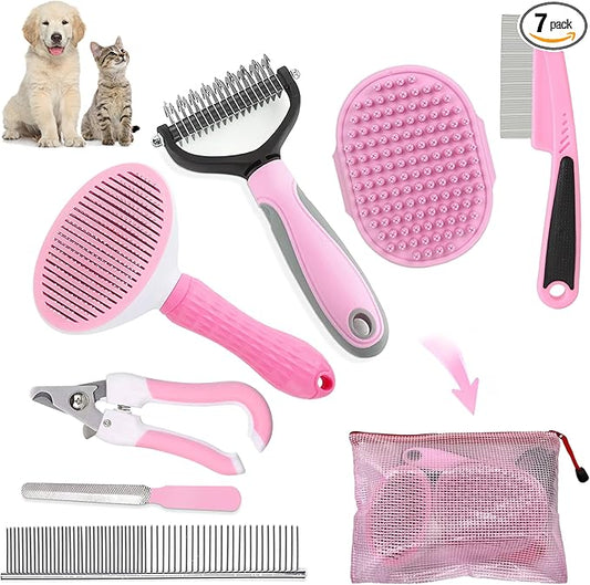 Dog Brush Dog Grooming Kit 7PCS Dogs Brush for Shedding-Dogs Brushes for Grooming, Dematting Comb, Cat Nail Clipper with Nail File, Flea Comb, Pet Comb, Bath Brush-Pink