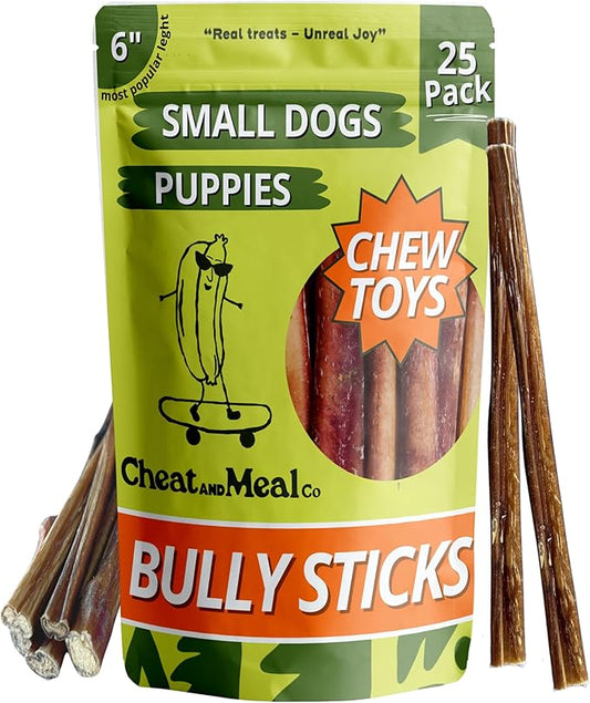 Bully Sticks for Small Dogs - Puppy Chew Toys, 6 Inch (25 Count) Dog Chews for Small Dogs, Puppies & Senior, Single Ingredient 100% Grass-Fed, Free Range, Rawhide-Free