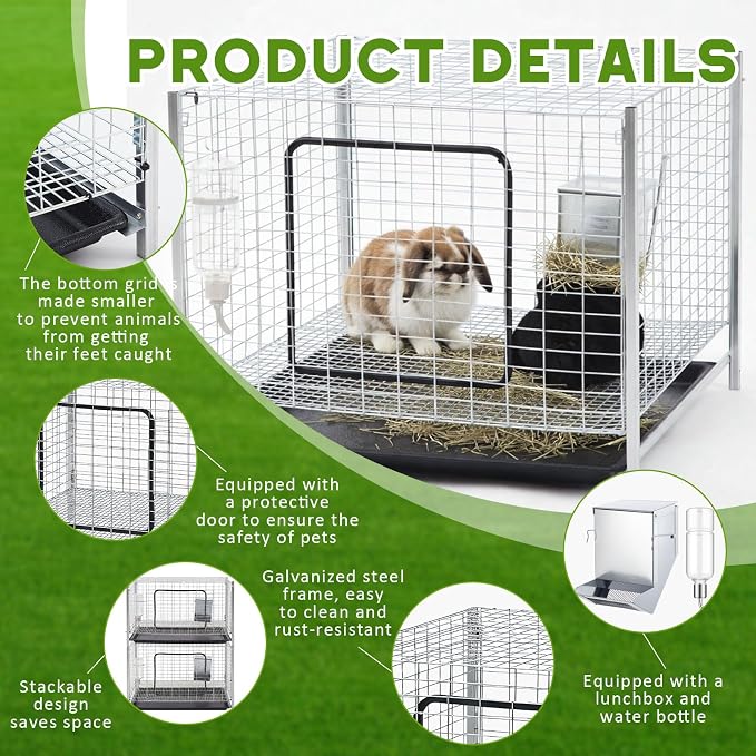 1 Set 24 x 24 x 16 Inch Stackable Rabbit Breeding Cage Complete Kit with Feeder and Water Bottle Foldable Metal Small Hutch with Tray and Stand for Guinea Pig Ferret Bunny Easy to Clean