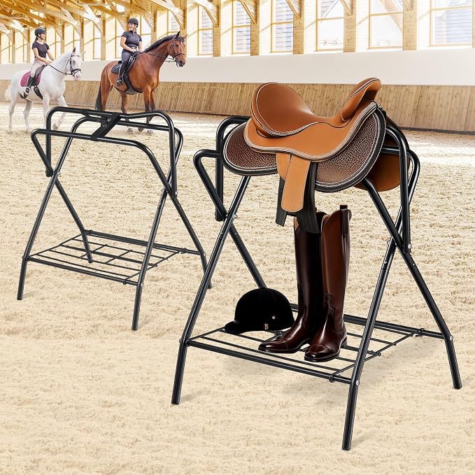 VEVOR Folding Saddle Rack, Freestanding Horse Saddle Stand, Portable Horse Blanket Holder, Heavy Duty Steel Saddle Rack for English & Western Saddles, Tack Storage, 28 x 19 x 37.5 in, Black