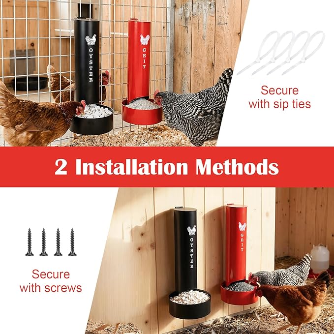 2 Chicken Oyster Shell Feeder and 2 Grit Feeder and 12 Automatic Chicken Waterer Cup, Metal Hanging Poultry Feeders and Plastic Poultry Water Cup, Coop Accessories, Black+Red