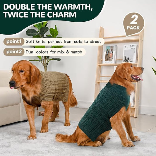 Dog Sweater 2 Pack for Large Dogs, Size XXL, Green & Brown | Stretchy cable knit turtleneck, machine washable, high belly cut, comfy winter fit for Golden Retriever, Labrador