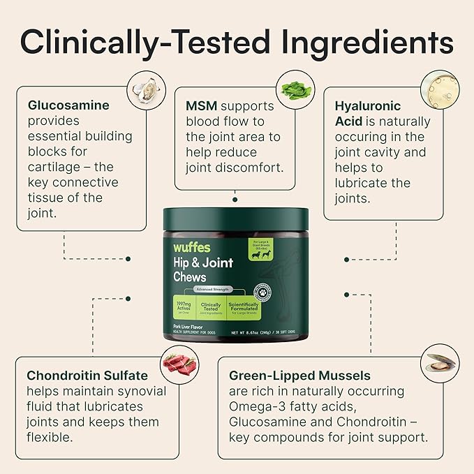 Wuffes Advanced Dog Hip and Joint Supplement with Glucosamine, Chondroitin, Omega 3, MSM, and Green Lipped Mussel, (Pack of 2, Small & Large Breed)
