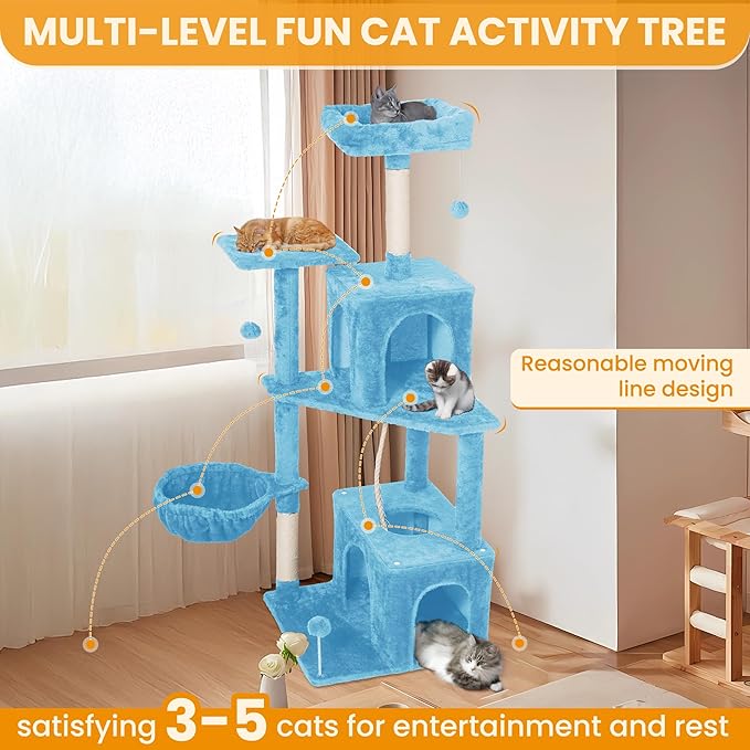 54-Inch Cat Tree Tower with 2 Caves & 2 Pompoms - Multi-Level Tower for Indoor Cats, Soft Plush Condo with Scratching Posts - Sturdy Base for Large Cats(Blue)
