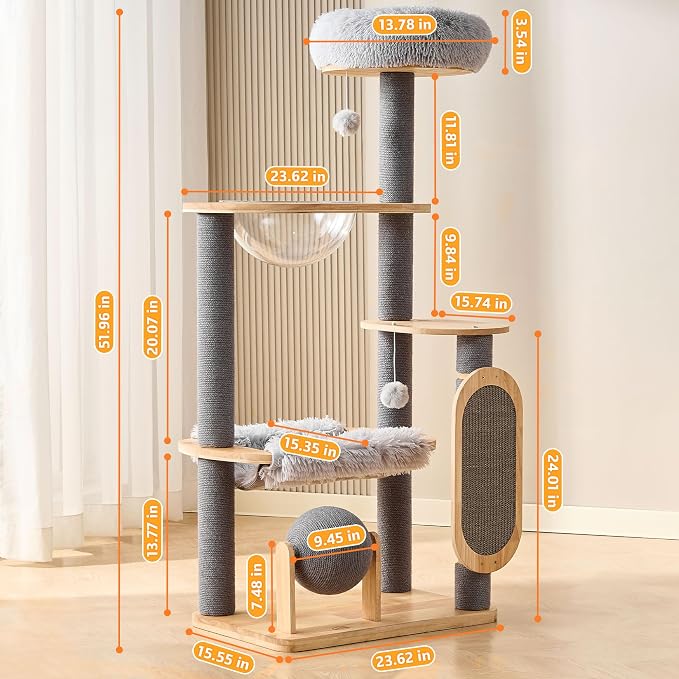 HITTITE Solid Wood Cat Tree Tower with Scratching Post, 53 Inches Tall Cat Towers with Scratching Board and Scratcher Ball, Modern Cat Tower with Space Capsule and Removable Top Bed for Indoor Cats